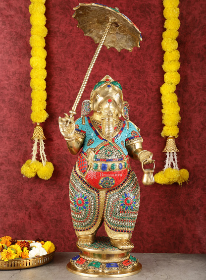 Brassaura™ 29-Inch Standing Lord Ganesha Statue – Meenakari Stonework | Height 29 Inches, Weight 17 Kgs