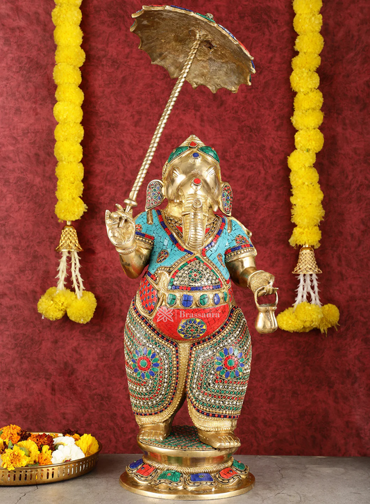 Brassaura™ 29-Inch Standing Lord Ganesha Statue – Meenakari Stonework | Height 29 Inches, Weight 17 Kgs
