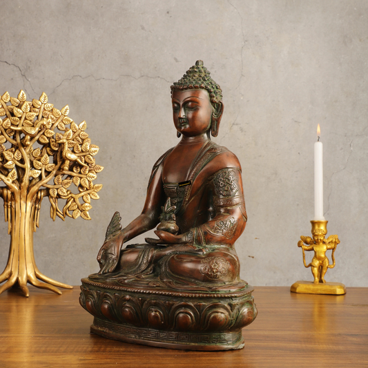 Brassaura™ Pure Brass Medicine Buddha Antique Tone Sculpture – Height 12 Inches, Weight 4.58 Kgs