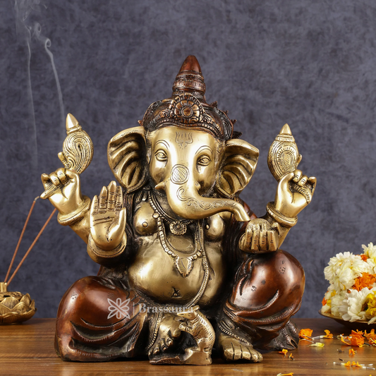 Brassaura™ Ganapati Aashirwad Idol in Chola Copper Gold Finish – Height 13 Inches, Weight 12 Kgs