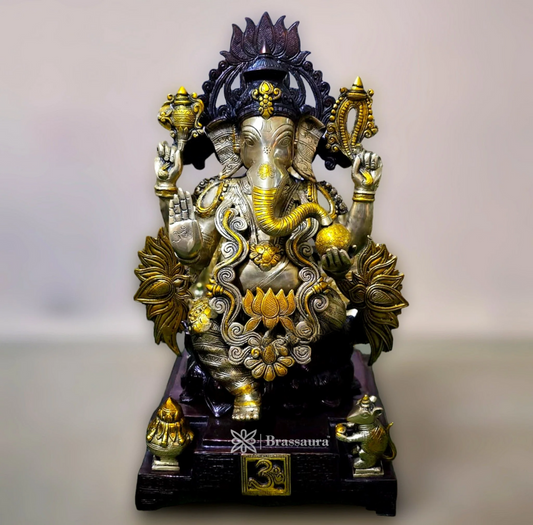 Brassaura™ Pure Brass Ganapati on Lotus Sculpture – 25 Inch Height | 33 Kg | Unique Design for Home & Temple Decor