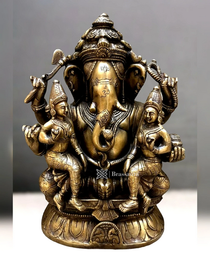 Brassaura™ Brass Ganesha with Riddhi & Siddhi – Height 12 Inches, Weight 9 Kgs