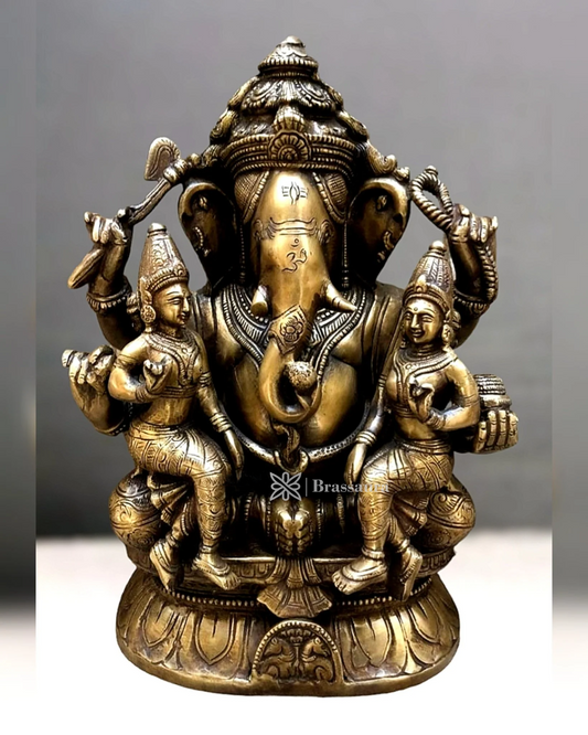 Brassaura™ Brass Ganesha with Riddhi & Siddhi – Height 12 Inches, Weight 9 Kgs
