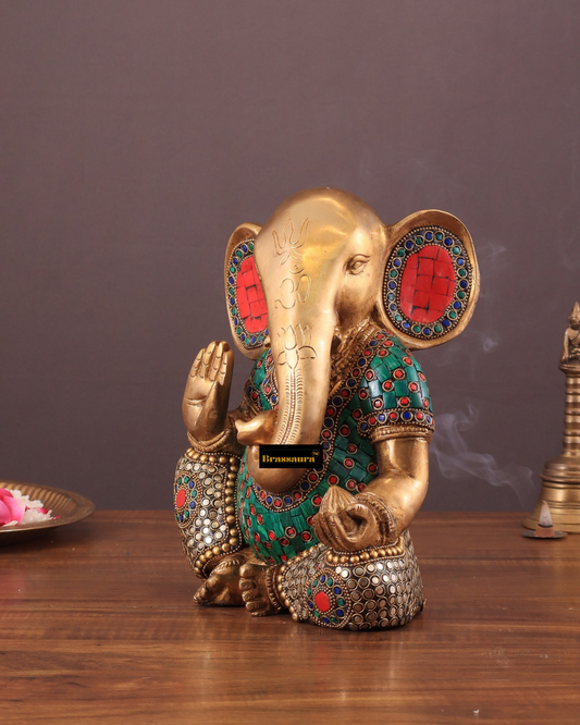 Brassaura™ Modern Abstract Brass Ganesha Idol – 9.5" Height, 6.5 kg – Contemporary Design with Stonework Detailing