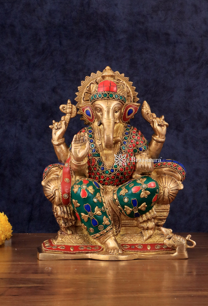 Brassaura™ Handcrafted Brass Ganesha Idol with Meenakari Stonework – 10 Inch Height | 5 kg | Artistic Spiritual Décor