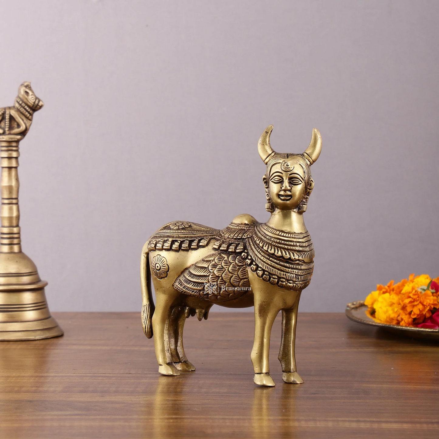 Brassaura™ Pure Brass Kamdhenu Cow Statue with Wings & Goddess Face | 6 Inches Height | 2 Kgs Weight | Symbol of Abundance & Spirituality