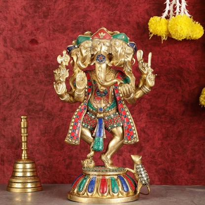 Brassaura™ Brass Panchmukhi Dancing Ganesha Statue – Black & White Sand Finish | Height 15 Inches, Weight 8 Kgs