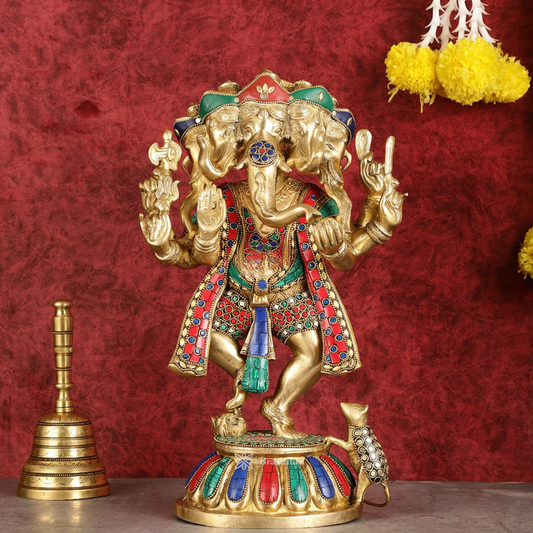 Brassaura™ Brass Panchmukhi Dancing Ganesha Statue – Black & White Sand Finish | Height 15 Inches, Weight 8 Kgs