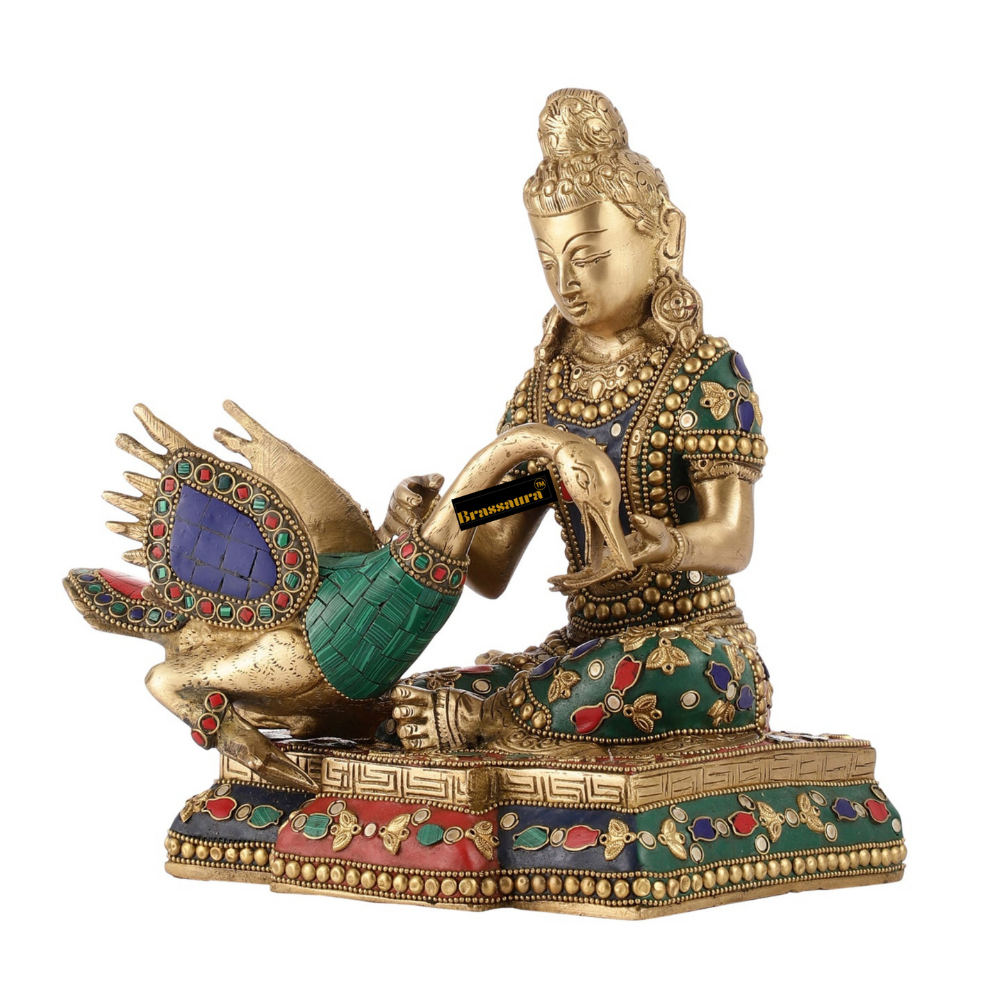 Brassaura™ Brass Buddha Healing the Swan Statue – Height 9 Inches | Weight 5 Kgs | Meenakari & Stonework