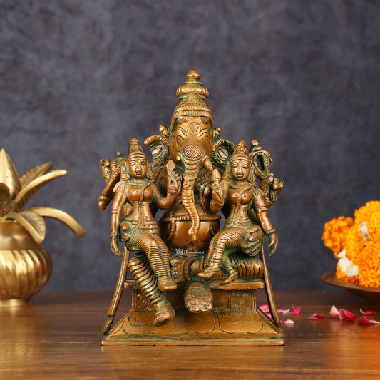 Brassaura™ Pure Brass Ganesha with Riddhi & Siddhi – 7 Inch Height | 2.5 kg | Bronze Finish | Symbol of Prosperity & Spirituality