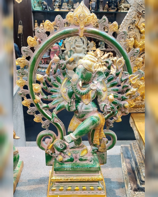 Brassaura™ Brass 16-Armed Dancing Ganesha with Fire Ring – Height 25.5 Inches, Weight 24 Kgs