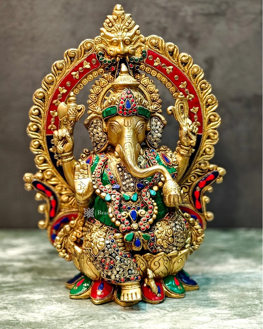 Brassaura™ Pure Brass Ganapati Idol on Lotus Throne with Prabhavali – Height 15.5 Inches, Weight 10.5 Kgs