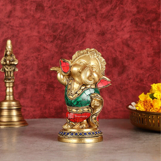 Brassaura™ Handcrafted Brass Ganesha Idol – Meenakari Stonework | Height 5 Inches, Weight 1 Kg