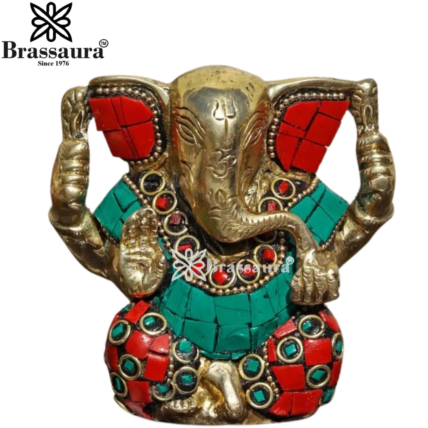 Brass Gem Stone Work Ganesha Statue Weight .6 Kg And Height 9.5 Inch
