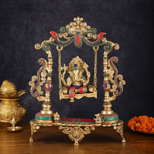 Brassaura™ Kirtimukha Ganesha on Swing – 20" Height, 4kg Weight Superfine Brass – Handcrafted with Stonework Elegance