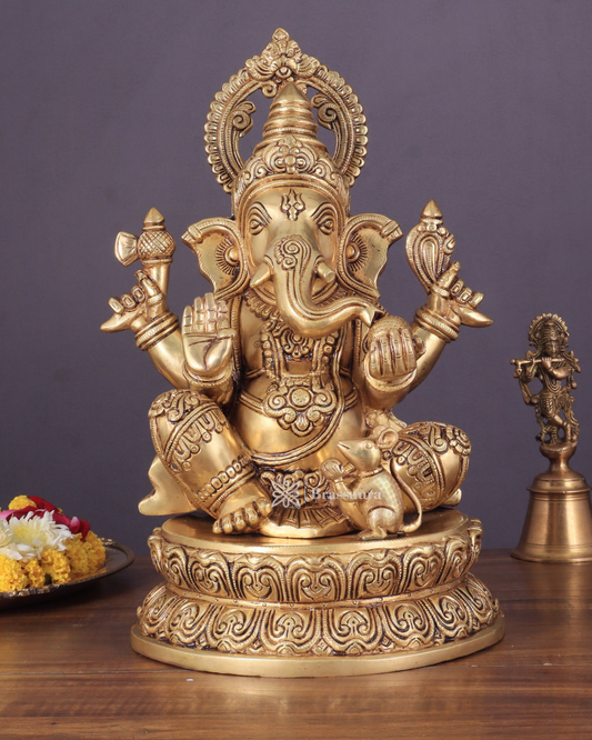 Brassaura™ Pure Brass Ekdanta Ganapati Statue – 14.5 Inch Height | 11 kg | Handcrafted Superfine Brass | Elegant Pooja Décor & Gift