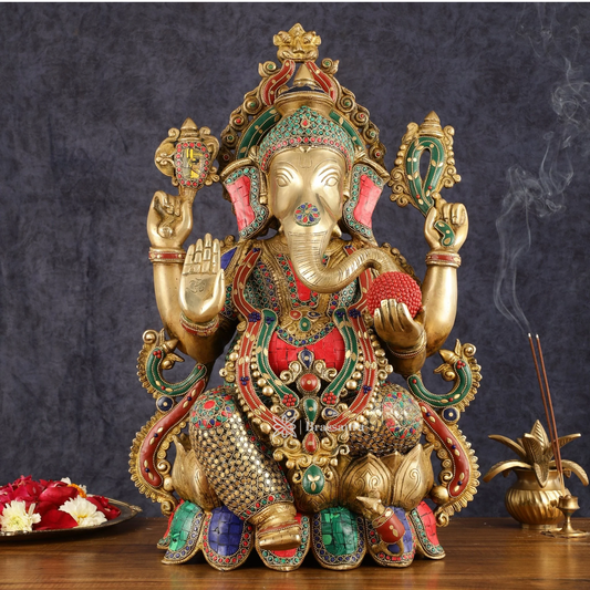 Brassaura™ Pure Brass Ganesha Idol with Natural Stones | Height 21 inch | Weight 25 Kg | Spiritual Home Decor