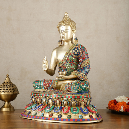 Brassaura™ Pure Brass Blessing Buddha Idol with Mosaic Floral Stonework – Height 20 Inches, Weight 19 Kgs