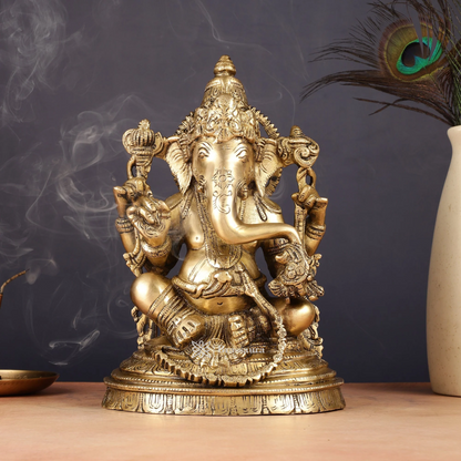 Brassaura™ Pure Brass Ganesha Statue – Height 10 Inches, Weight 4.8 Kgs | Wisdom & Prosperity Idol