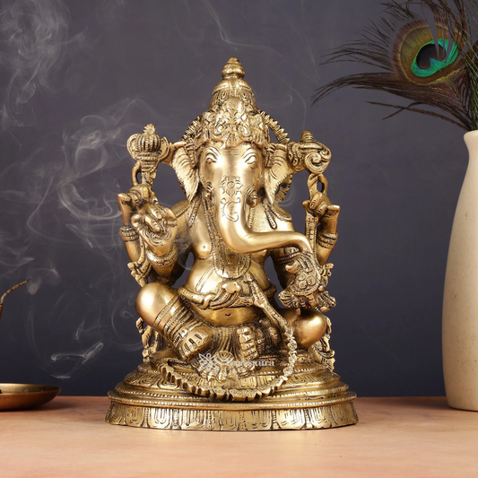 Brassaura™ Pure Brass Ganesha Statue – Height 10 Inches, Weight 4.8 Kgs | Wisdom & Prosperity Idol