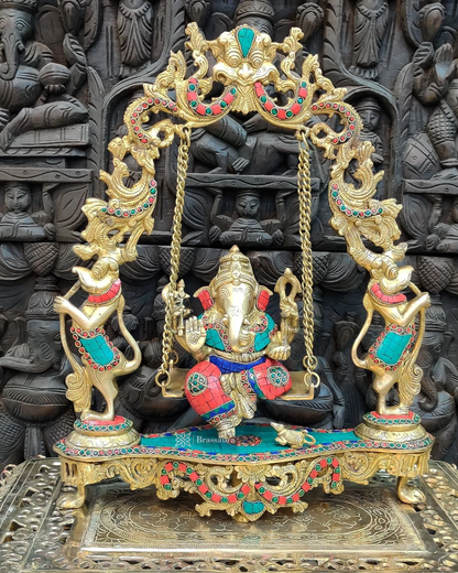 Brassaura™ Brass Lord Ganesha Swing with Multicolor Stonework – 18 Inch Height | 7.5 Kg | Elegant Home Decor & Gift