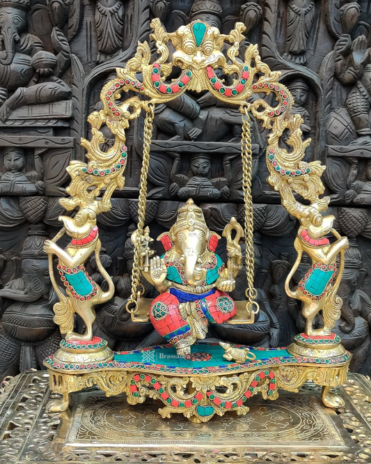 Brassaura™ Brass Lord Ganesha Swing with Multicolor Stonework – 18 Inch Height | 7.5 Kg | Elegant Home Decor & Gift