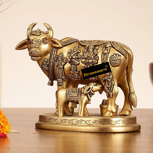 Brassaura™ Engraved Brass Kamdhenu Statue | 5 Inches Height | 2 Kgs Weight | Antique Gold Finish