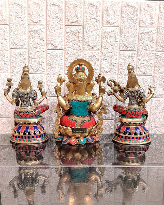 Brassaura™ Brass Ganesha, Lakshmi & Saraswati Idol Set – Height 12 Inches | Total Weight 20 Kgs