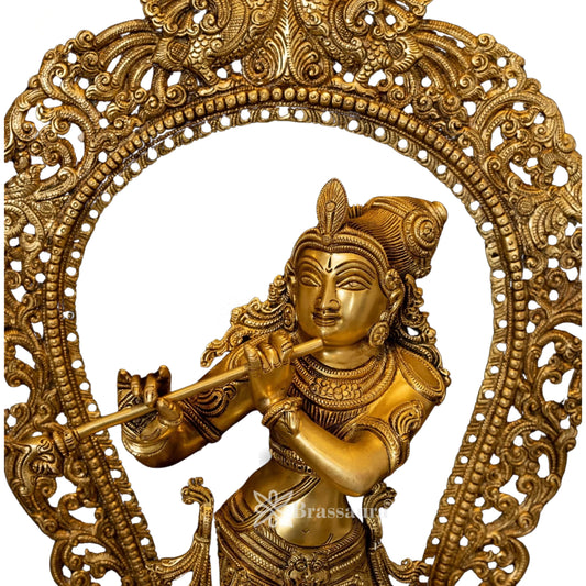 Brassaura® Bala Krishna Standing Playing Flute Idol with Antique Fine Yellow Finish | Pure Superfine Brass Handcrafted Murti | Brass Statue for Home Temple, Pooja Room | Height 30.5 Inches | Weight 20.0 Kgs