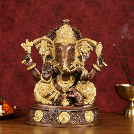 Brassaura™ Pure Brass Lord Ganesha Statue – South Copper Gold Finish | Height 11 Inches, Weight 7.8 Kgs