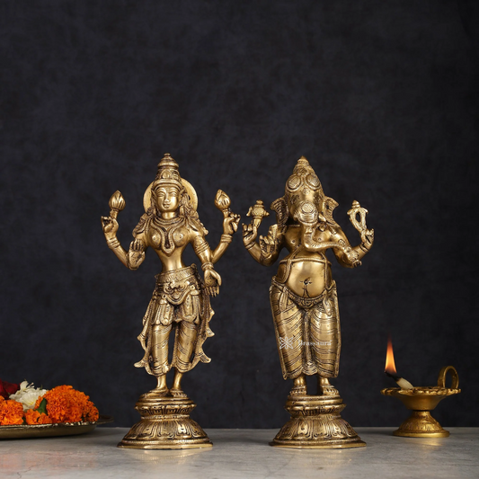 Brassaura™ Brass Standing Ganesh Lakshmi Idol Set | Height 10 inch | Weight 9 Kg | Spiritual Home Decor