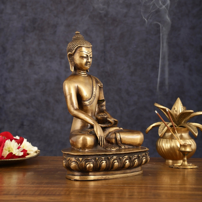 Brassaura™ Pure Brass Antique Tone Buddha Statue – Hand Down – Height 9.5 Inches, Weight 2.73 Kgs