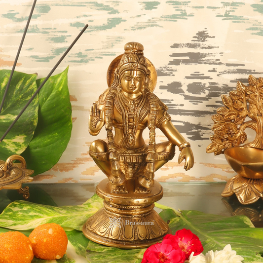 Brassaura™ Brass Lord Ayyappan Idol – 8.5 inch | 3 kg | Son of Shiva & Vishnu (Mohini) | Intricately Crafted for Home & Office Decor