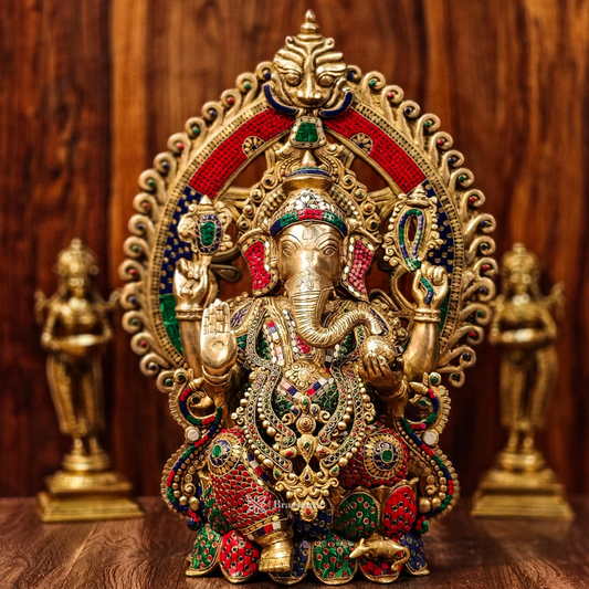 Brassaura™ Brass Ganesha Statue with Lotus Throne & Prabhavali – 26 Inch Height | 35 kg | Modak & Mooshak Detailing
