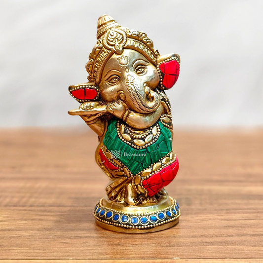 Brassaura™ Mini Brass Ganesha Idol – Height 5 Inches, Weight 1 Kg