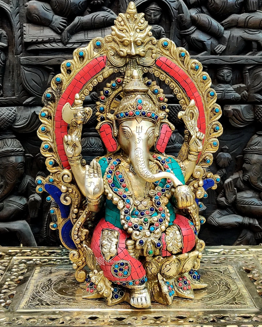 Brassaura™ Pure Brass Ganapati Statue on Lotus Throne with Prabhavali Arch – 15.5 Inch Height | 12 Kg | Meenakari Stonework