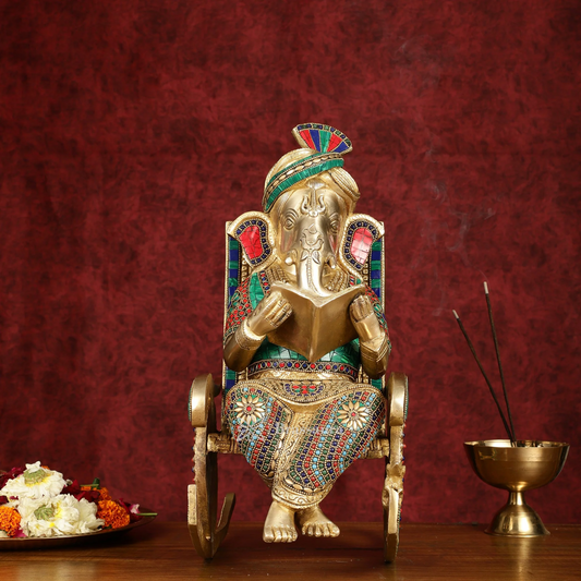 Brassaura™ Brass Reading Ganesha on Rocking Chair – Height 17 Inches, Weight 15 Kgs | Intricate Stonework