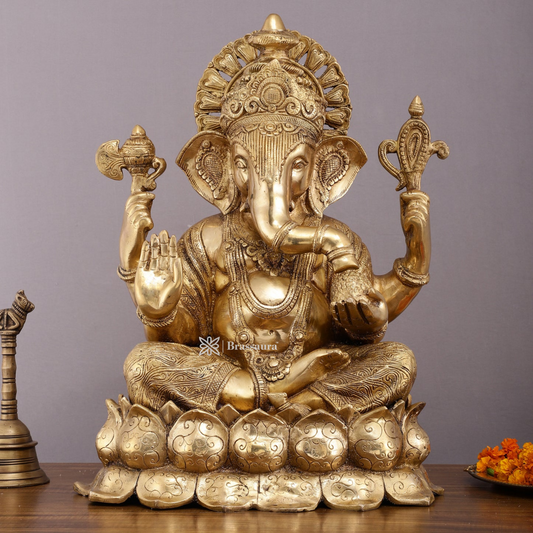 Brassaura™ Brass Ganesha Idol – 22 Inch Height | 27 kg | Grand Decorative Statue for Home & Temple