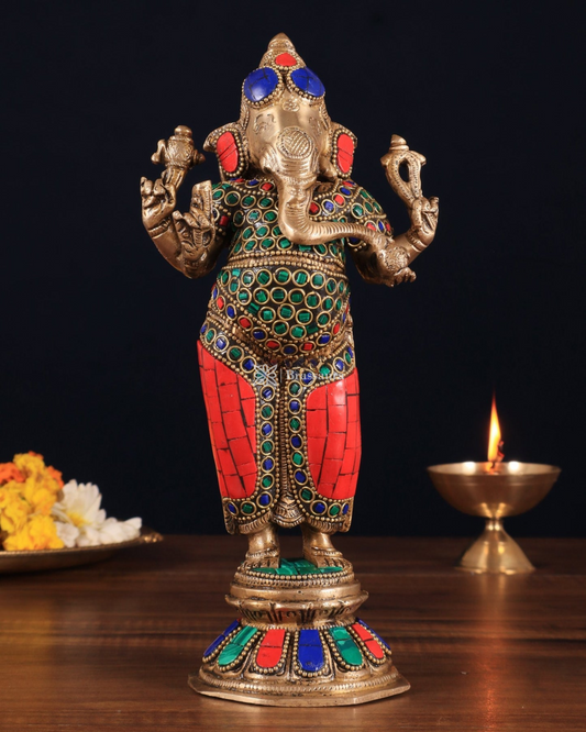 Brassaura™ Standing Brass Ganesha Idol – 10 Inch Height | 2.58 kg | Symbol of Wisdom & Prosperity