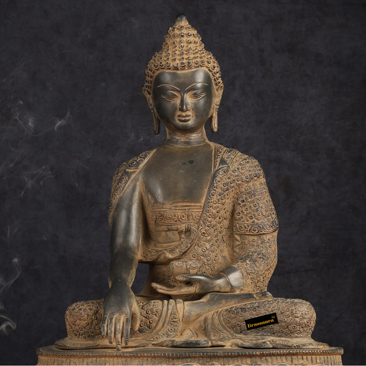 Brassaura™ Pure Brass Buddha Statue – Earth Touching Mudra with Medicine Bowl – Height 16 Inches, Weight 11 Kgs
