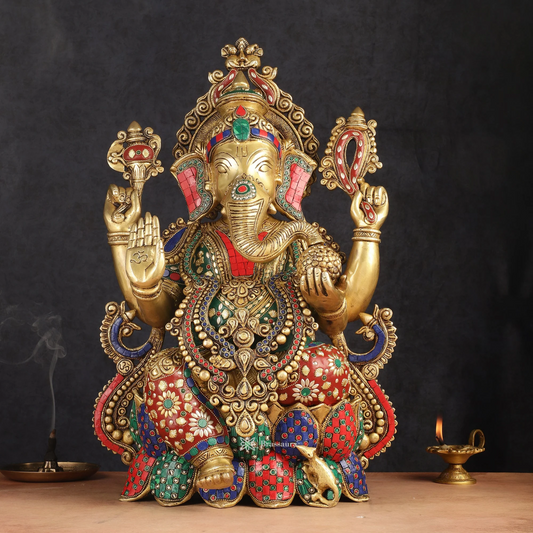 Brassaura™ Handcrafted Brass Ganesha Idol on Lotus with Mooshak | Height 21 inches | Weight 22 Kgs | Meenakari Stonework | Spiritual Decor