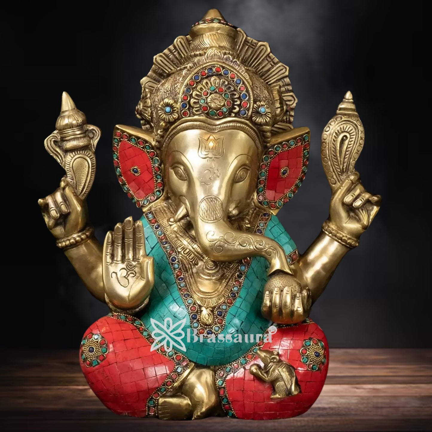 Brass Gem Stone Work Ganesha Statue Weight 13.8 Kg And Height 15.5 Inch