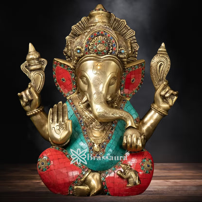 Brass Gem Stone Work Ganesha Statue Weight 13.8 Kg And Height 15.5 Inch