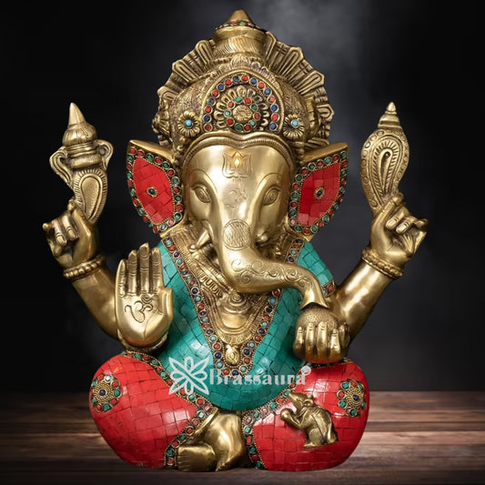 Brass Gem Stone Work Ganesha Statue Weight 13.8 Kg And Height 15.5 Inch