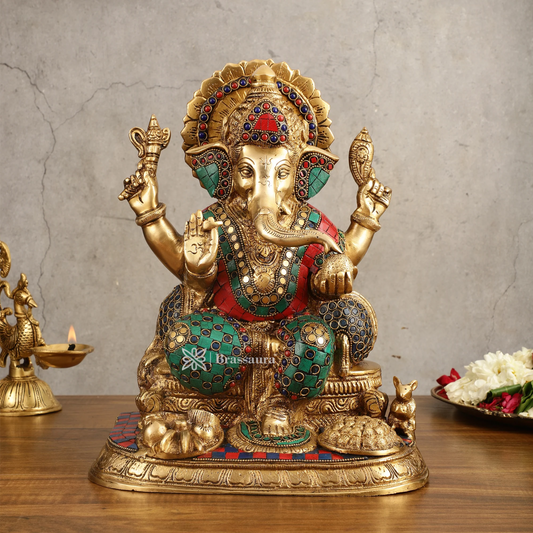 Brassaura™ Superfine Brass Ganesha Idol with Fruit Bowl & Modak Thali – 13 Inch Height | 12 Kg | Intricate Stonework