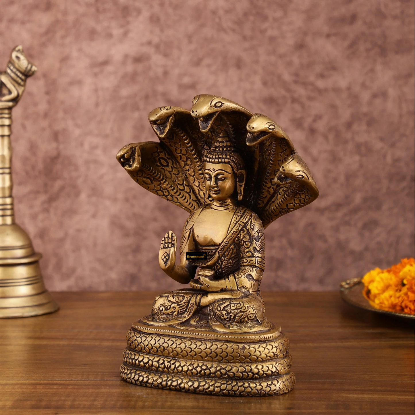 Brassaura™ Pure Brass Blessing Buddha Idol under Serpent Muchalinda – Height 8 Inches, Weight 2.33 Kgs