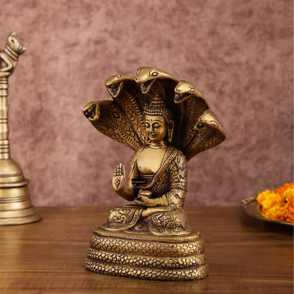 Brassaura™ Pure Brass Blessing Buddha Idol under Serpent Muchalinda – Height 8 Inches, Weight 2.33 Kgs