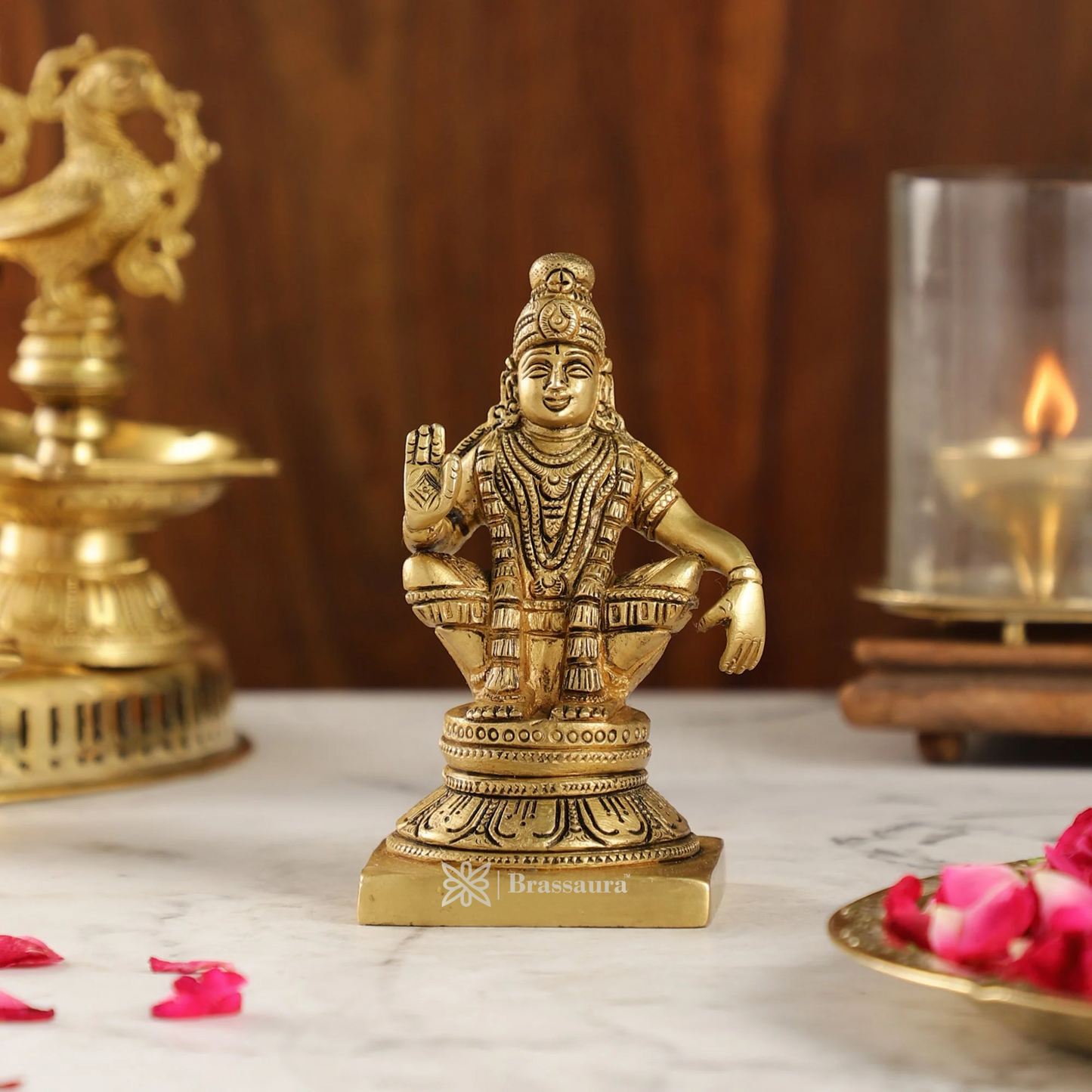 Brassaura™ Brass Lord Ayyappan Swamy Idol – 5 inch | 0.9 kg | Superfine Brass Statue with Bow & Arrow for Home Temple & Decor