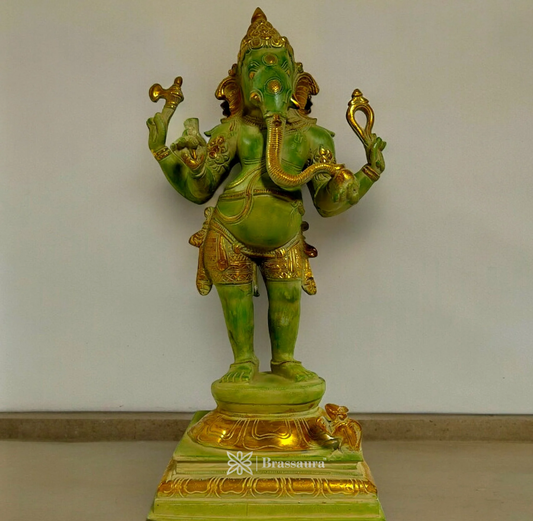 Brassaura™ Brass Lord Ganesha Statue with Antique Green Sand Finish – 20 Inch Height | 12 Kg | Four-Armed Graceful Form