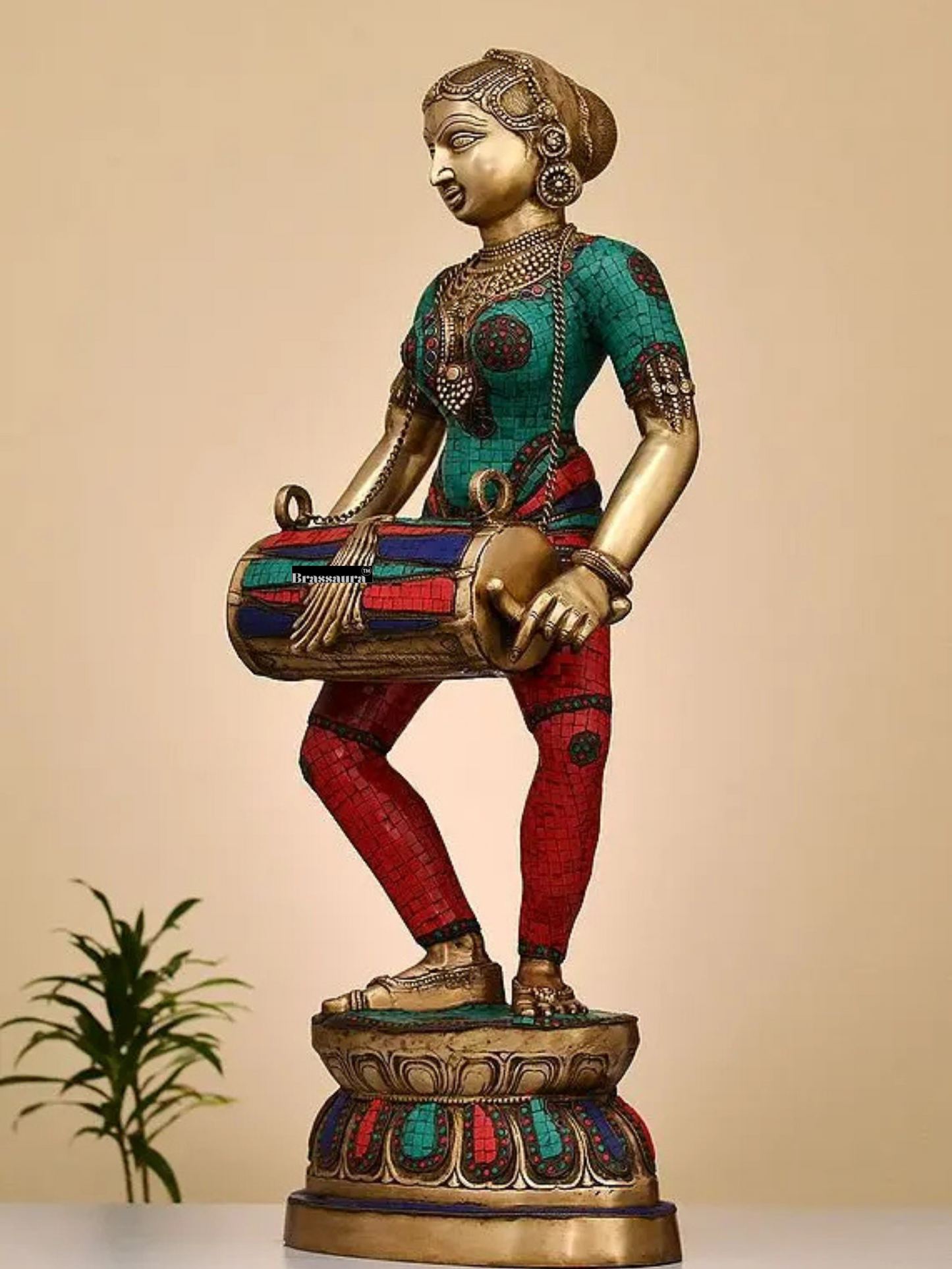 Brassaura™ Large Brass Lady with Dholak – Height 37.99 inches | Weight 34.46 kgs